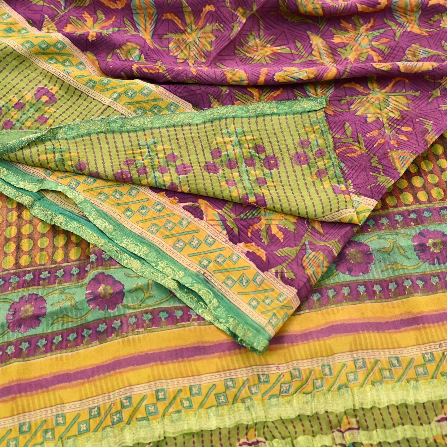 Women Vintage Sari Purple & Green Pure Georgette Silk Printed Sarees Craft Fabric Sewing 5Yd Soft Dress Making Zari Border Crafting Quilting