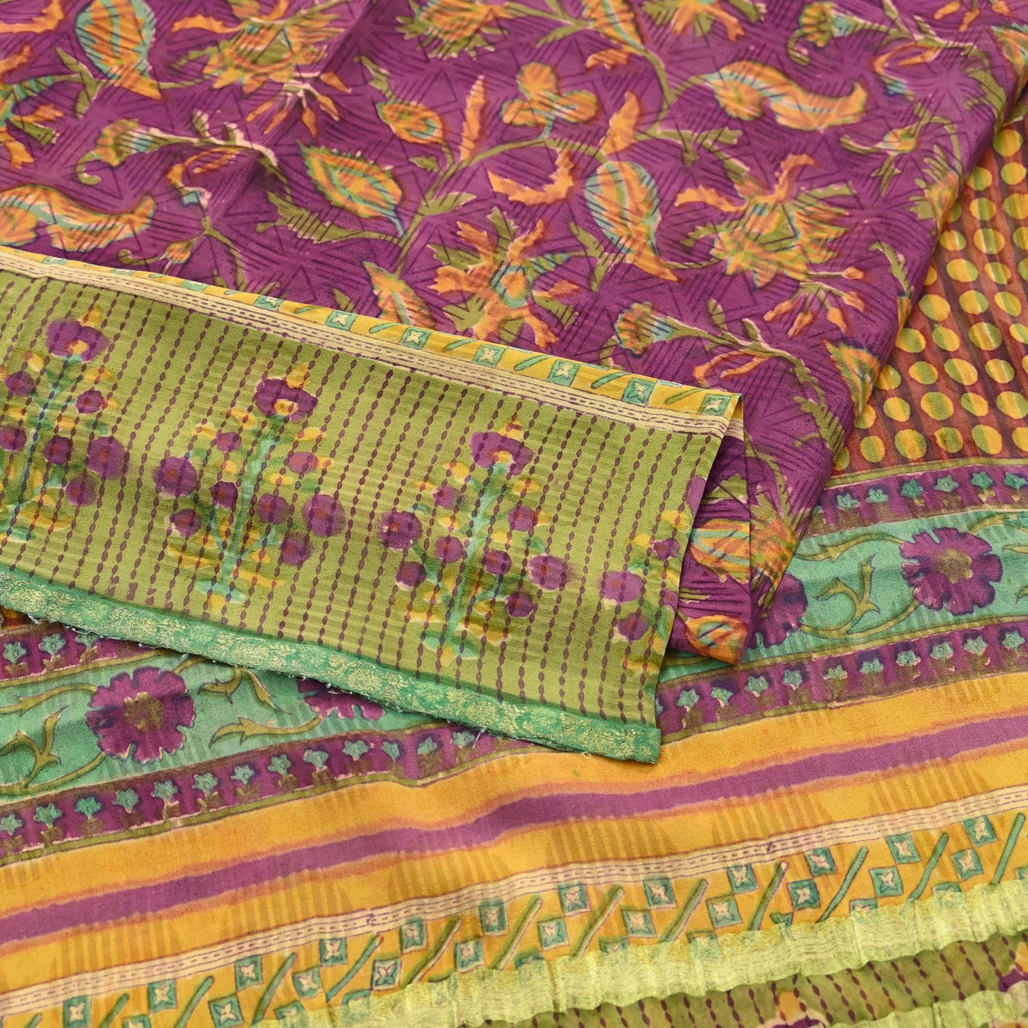 Women Vintage Sari Purple & Green Pure Georgette Silk Printed Sarees Craft Fabric Sewing 5Yd Soft Dress Making Zari Border Crafting Quilting