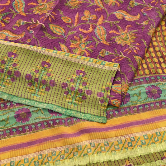 Women Vintage Sari Purple & Green Pure Georgette Silk Printed Sarees Craft Fabric Sewing 5Yd Soft Dress Making Zari Border Crafting Quilting