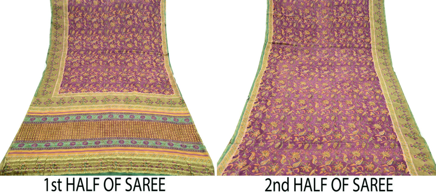 Women Vintage Sari Purple & Green Pure Georgette Silk Printed Sarees Craft Fabric Sewing 5Yd Soft Dress Making Zari Border Crafting Quilting