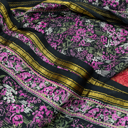 Indian Vintage Sari Pink & Black Printed Pure Silk Sarees 5yd Sewing Craft Fabric Floral Dress Making Soft Quilting Crafting Upcycle Zari
