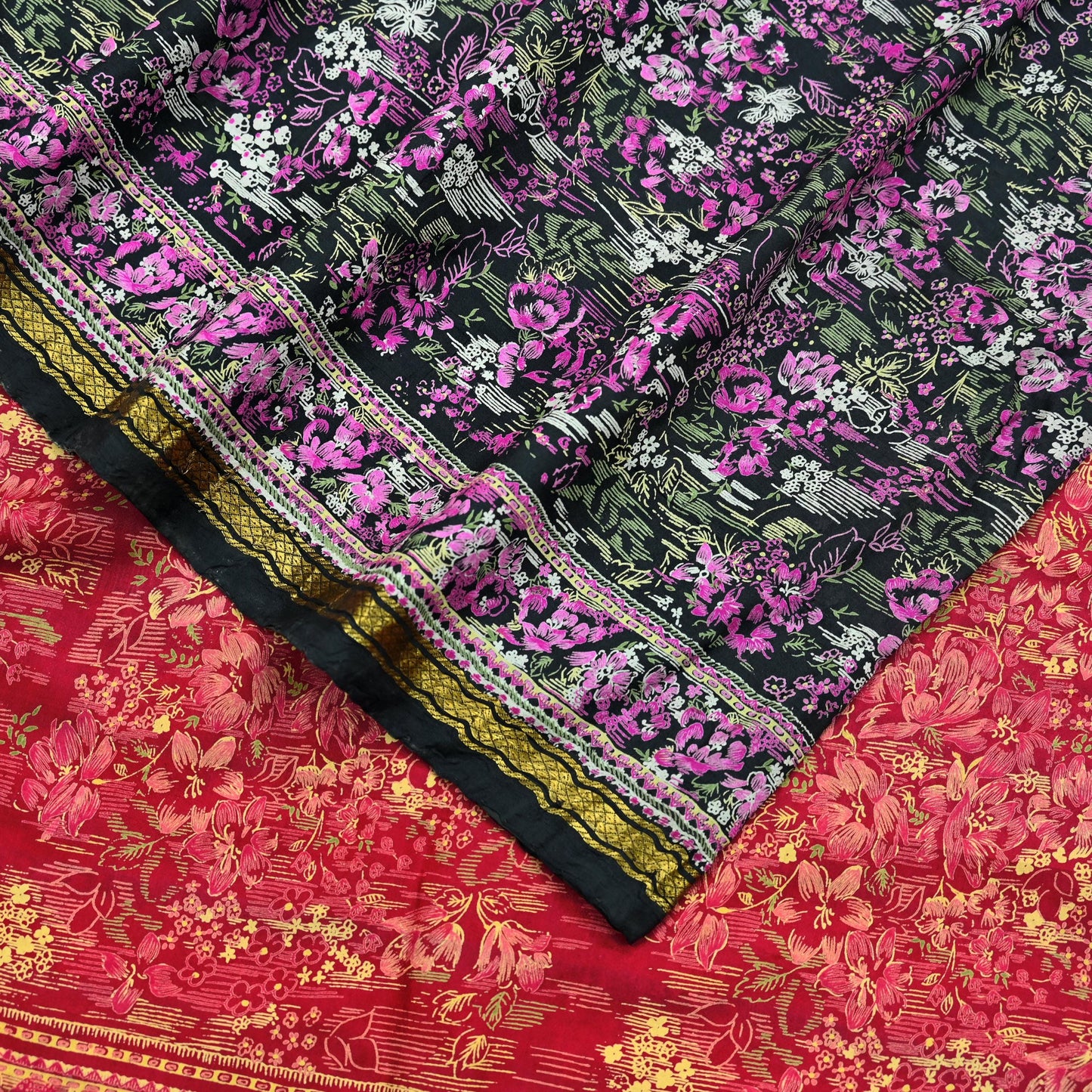 Indian Vintage Sari Pink & Black Printed Pure Silk Sarees 5yd Sewing Craft Fabric Floral Dress Making Soft Quilting Crafting Upcycle Zari
