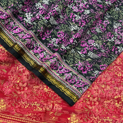 Indian Vintage Sari Pink & Black Printed Pure Silk Sarees 5yd Sewing Craft Fabric Floral Dress Making Soft Quilting Crafting Upcycle Zari