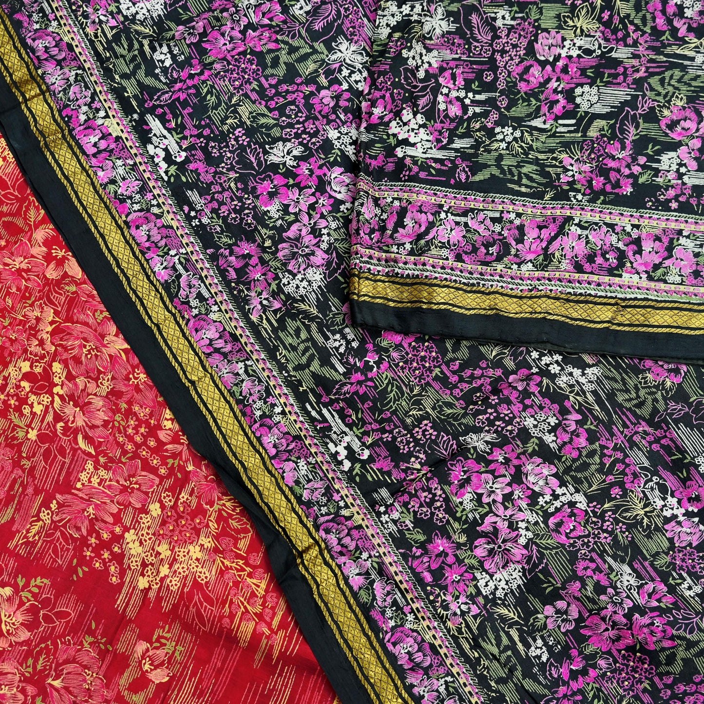Indian Vintage Sari Pink & Black Printed Pure Silk Sarees 5yd Sewing Craft Fabric Floral Dress Making Soft Quilting Crafting Upcycle Zari