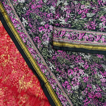 Indian Vintage Sari Pink & Black Printed Pure Silk Sarees 5yd Sewing Craft Fabric Floral Dress Making Soft Quilting Crafting Upcycle Zari