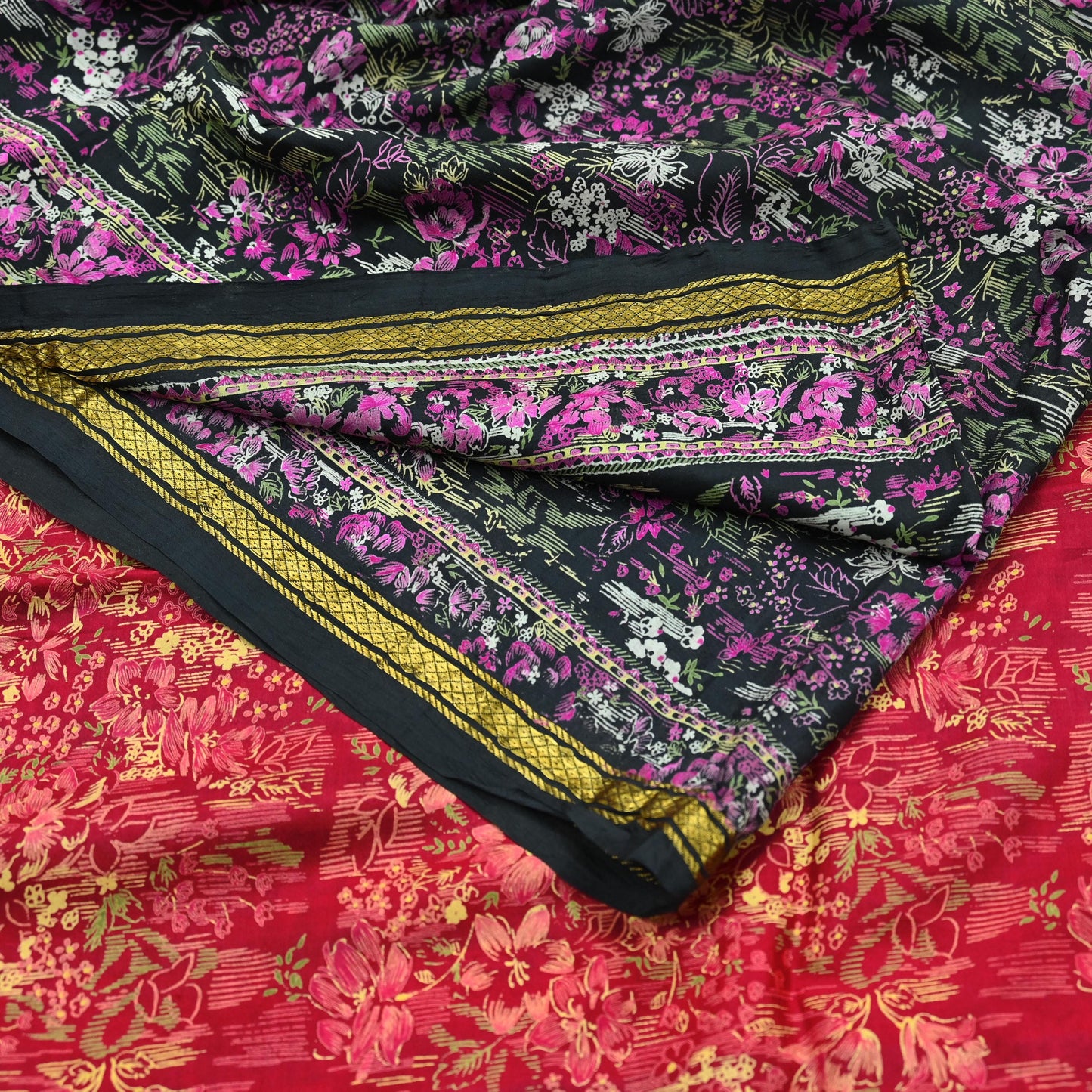 Indian Vintage Sari Pink & Black Printed Pure Silk Sarees 5yd Sewing Craft Fabric Floral Dress Making Soft Quilting Crafting Upcycle Zari