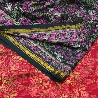 Indian Vintage Sari Pink & Black Printed Pure Silk Sarees 5yd Sewing Craft Fabric Floral Dress Making Soft Quilting Crafting Upcycle Zari
