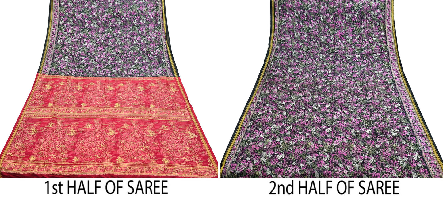 Indian Vintage Sari Pink & Black Printed Pure Silk Sarees 5yd Sewing Craft Fabric Floral Dress Making Soft Quilting Crafting Upcycle Zari