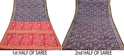 Indian Vintage Sari Pink & Black Printed Pure Silk Sarees 5yd Sewing Craft Fabric Floral Dress Making Soft Quilting Crafting Upcycle Zari