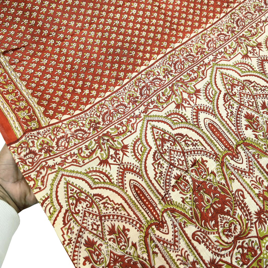 Indian Vintage Sari Orange & Ivory Pure Silk Printed Sarees Craft Fabric 5yd Sewing Dress Designing for Crafting Paisley Quilting Upcycle