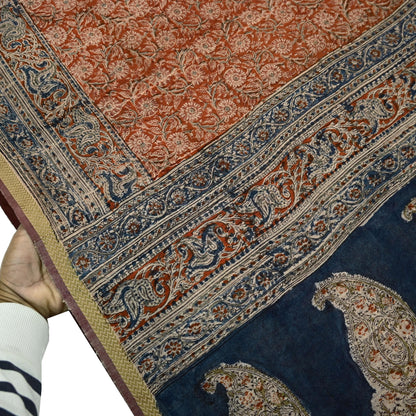 Indian Vintage Sari Orange & Blue Pure chanderi Silk Block Printed Saree Craft Fabric 6Yd Soft Zari Border Dress making bollywood silk saree