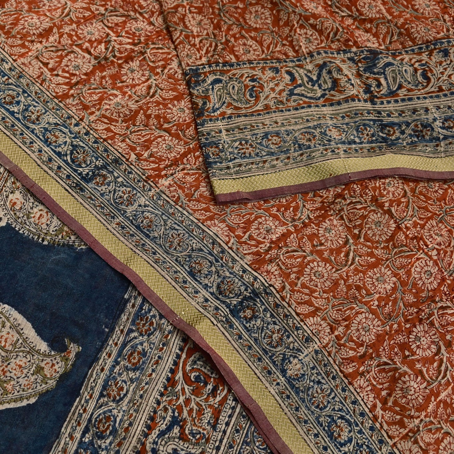 Indian Vintage Sari Orange & Blue Pure chanderi Silk Block Printed Saree Craft Fabric 6Yd Soft Zari Border Dress making bollywood silk saree
