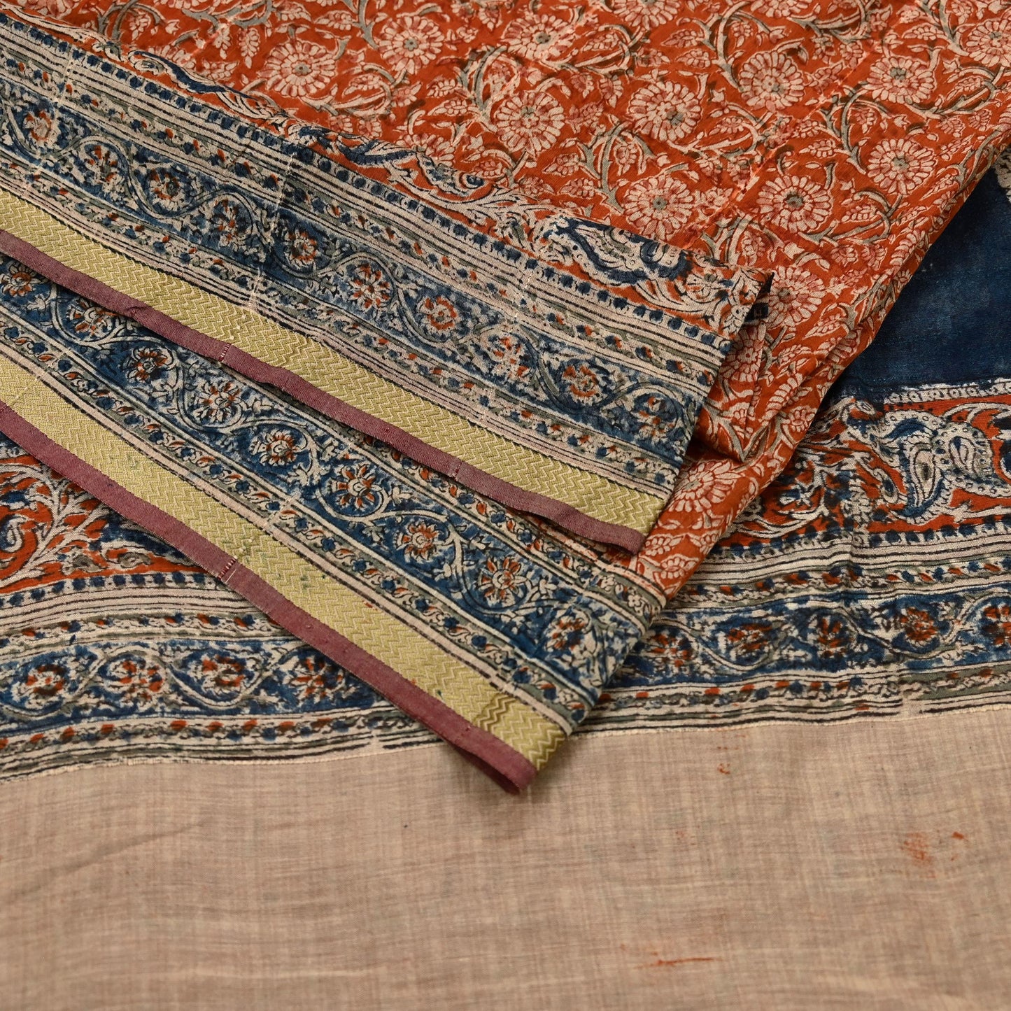 Indian Vintage Sari Orange & Blue Pure chanderi Silk Block Printed Saree Craft Fabric 6Yd Soft Zari Border Dress making bollywood silk saree