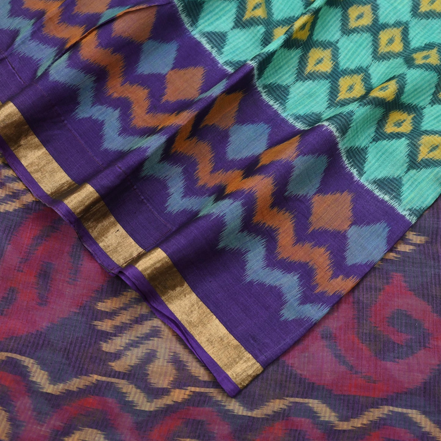 Indian Vintage Green & Purple Saree Pure Silk Pochampally Hand Woven Ikat Sari Craft Fabric 5Yd Ethnic Zari Border Dress making Fringes