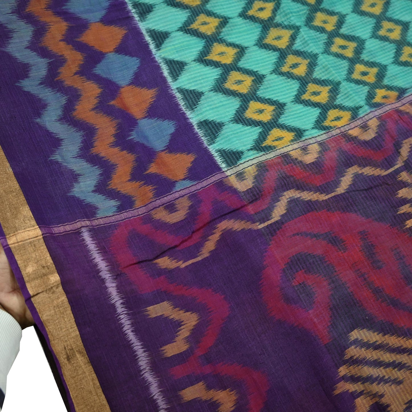 Indian Vintage Green & Purple Saree Pure Silk Pochampally Hand Woven Ikat Sari Craft Fabric 5Yd Ethnic Zari Border Dress making Fringes