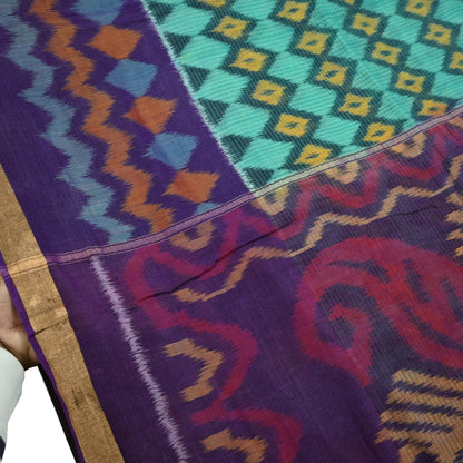 Indian Vintage Green & Purple Saree Pure Silk Pochampally Hand Woven Ikat Sari Craft Fabric 5Yd Ethnic Zari Border Dress making Fringes