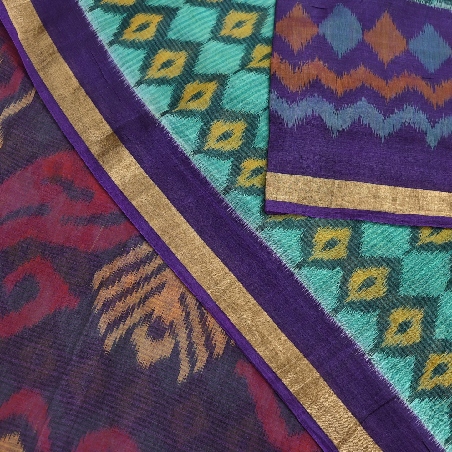 Indian Vintage Green & Purple Saree Pure Silk Pochampally Hand Woven Ikat Sari Craft Fabric 5Yd Ethnic Zari Border Dress making Fringes