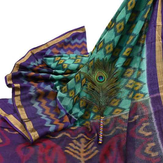 Indian Vintage Green & Purple Saree Pure Silk Pochampally Hand Woven Ikat Sari Craft Fabric 5Yd Ethnic Zari Border Dress making Fringes