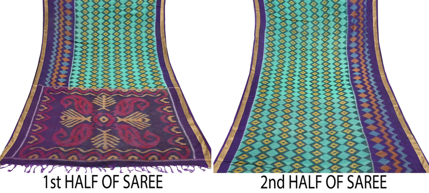 Indian Vintage Green & Purple Saree Pure Silk Pochampally Hand Woven Ikat Sari Craft Fabric 5Yd Ethnic Zari Border Dress making Fringes