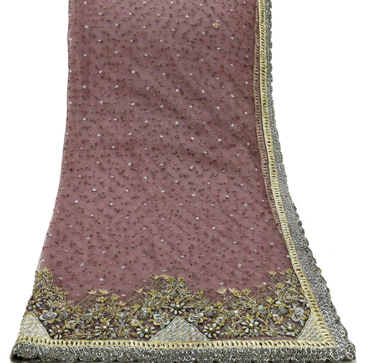 Indian Vintage Heavy Mauve Dupatta Net Mesh Long Stole Hand Embroidered Scarves Zardozi/ Dabka Zari Sequins Bridal Wear Wedding Veil