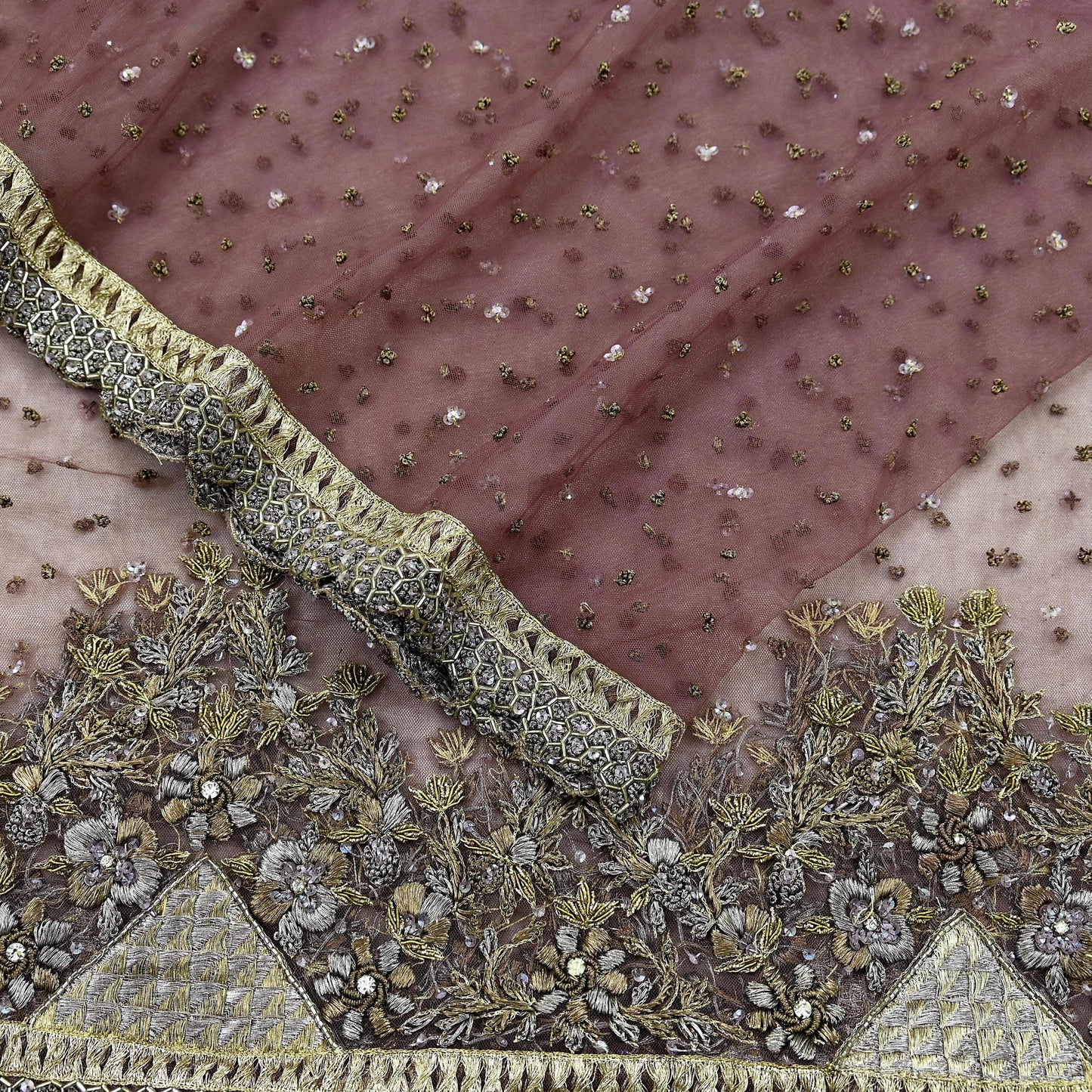 Indian Vintage Heavy Mauve Dupatta Net Mesh Long Stole Hand Embroidered Scarves Zardozi/ Dabka Zari Sequins Bridal Wear Wedding Veil