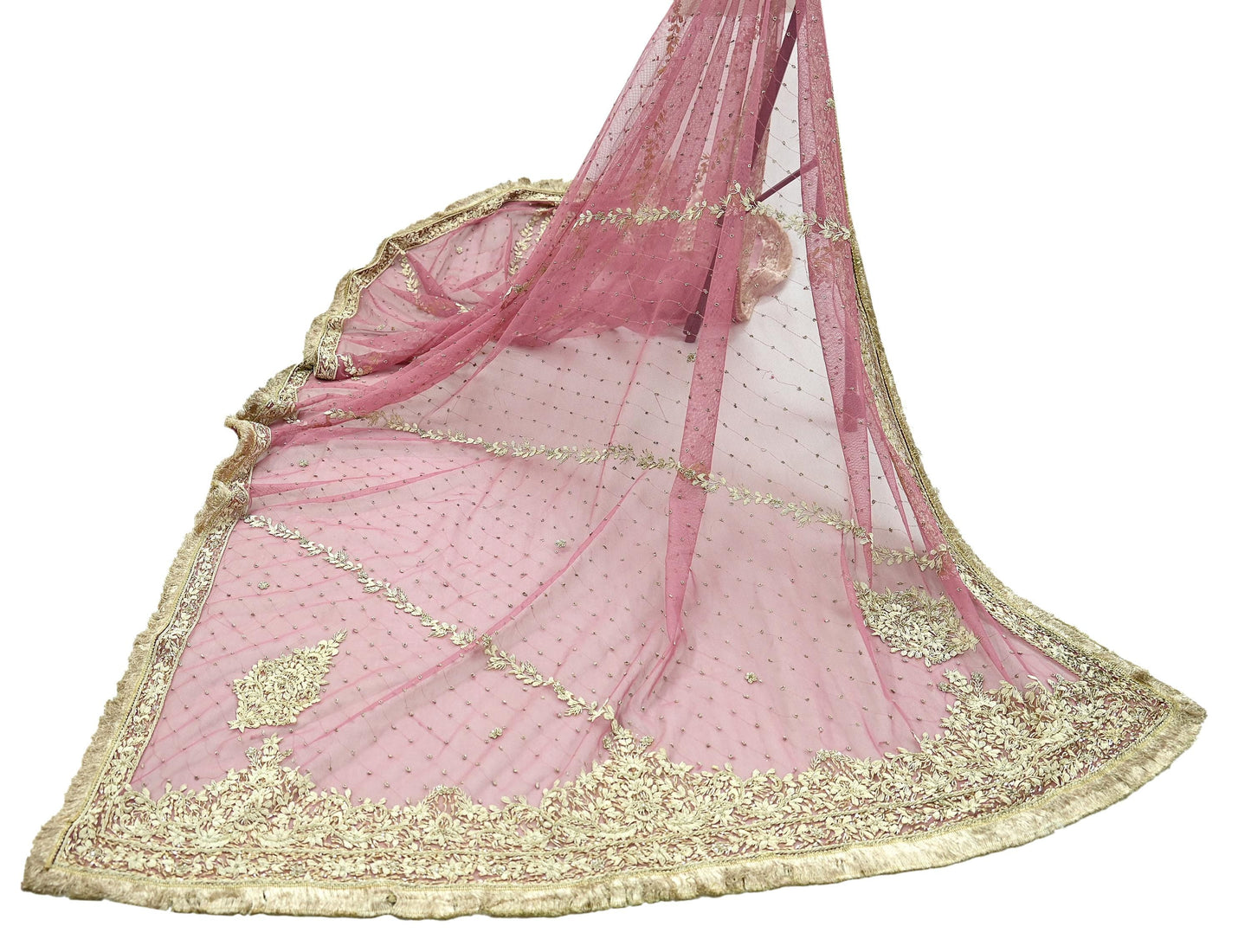 Indian Vintage Heavy Bridal Pink Dupatta Net Mesh Long Stole Hand Embroidered Scarves Fringes Zardozi Dabka Zari Sequins Wedding Veil Hijab