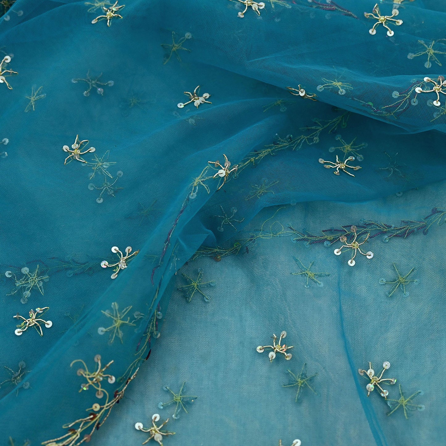 Indian Vintage Blue Dupatta Net Mesh Long Stole Hand Embroidered Scarves Golden Zardozi Zari Sequins Stole