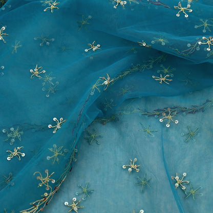 Indian Vintage Blue Dupatta Net Mesh Long Stole Hand Embroidered Scarves Golden Zardozi Zari Sequins Stole