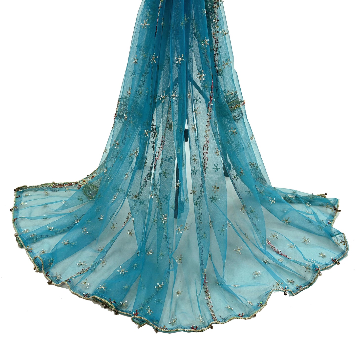 Indian Vintage Blue Dupatta Net Mesh Long Stole Hand Embroidered Scarves Golden Zardozi Zari Sequins Stole