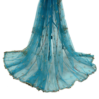 Indian Vintage Blue Dupatta Net Mesh Long Stole Hand Embroidered Scarves Golden Zardozi Zari Sequins Stole