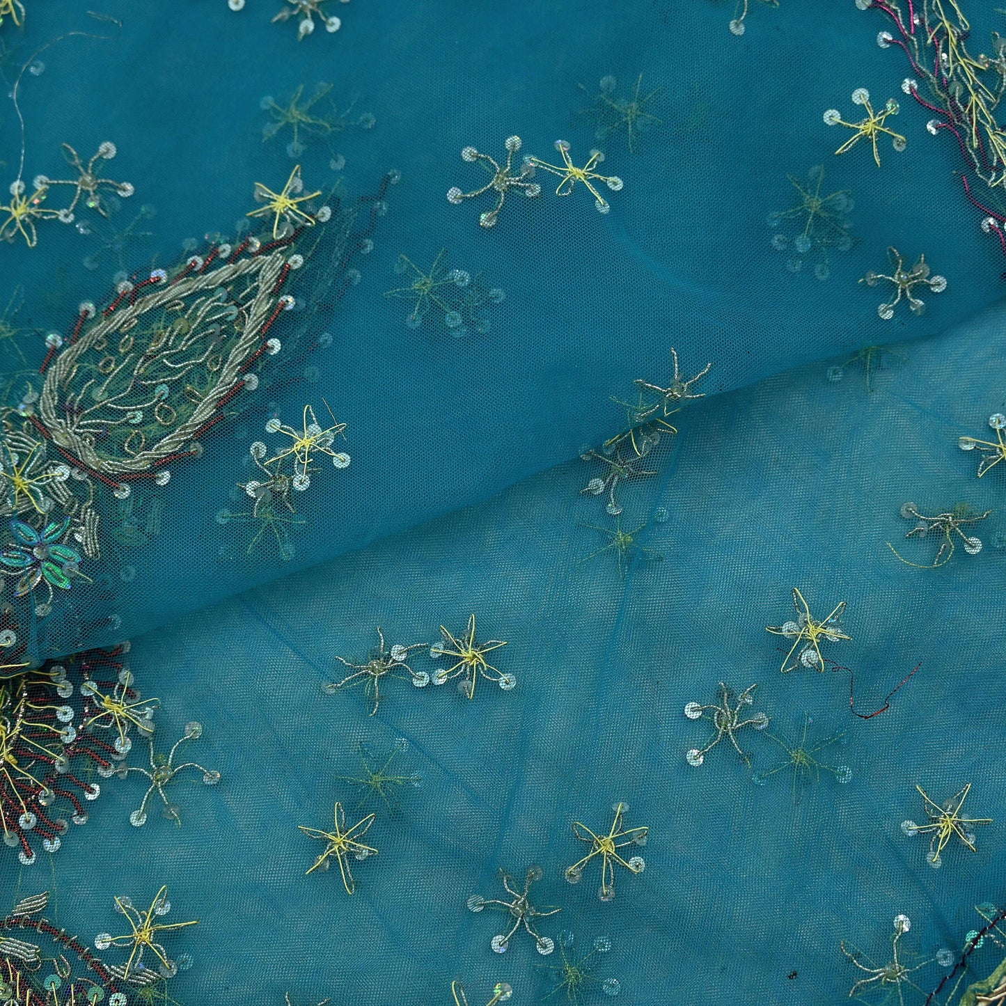 Indian Vintage Blue Dupatta Net Mesh Long Stole Hand Embroidered Scarves Golden Zardozi Zari Sequins Stole