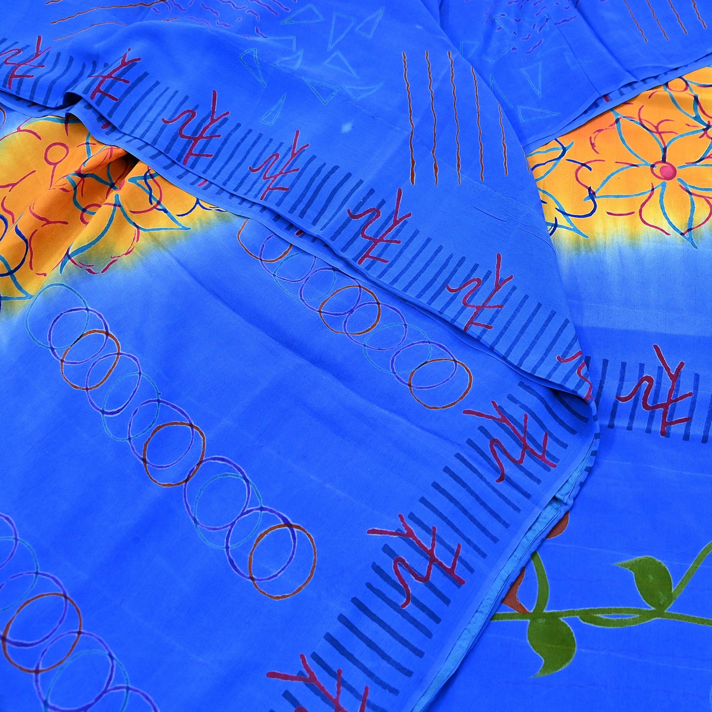 Indian Vintage Sari Blue & Orange Pure Crepe Silk Printed Sarees 5yd Sewing Floral Soft Craft Fabric Wrap Dress making Crafting Quilting