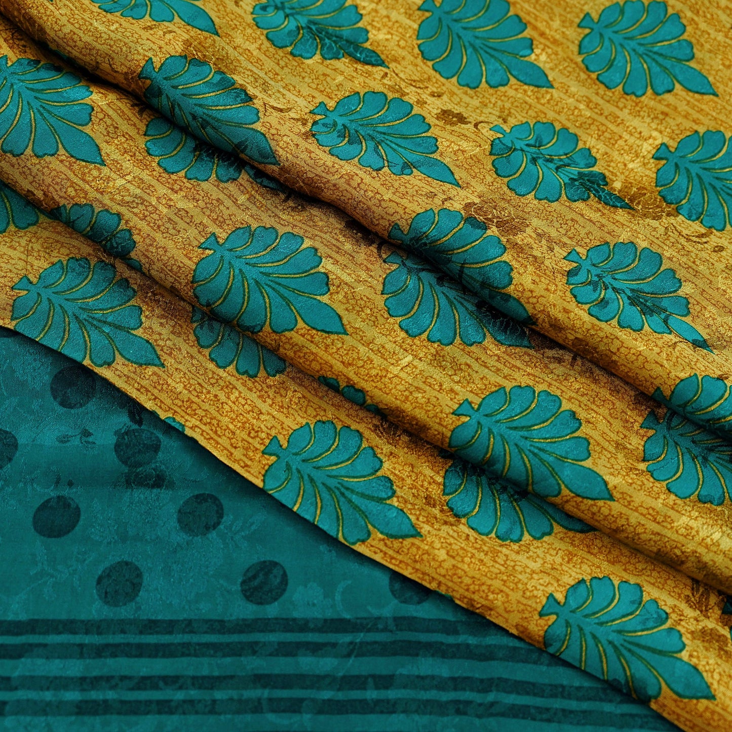 Indian Vintage Sari Green & Saffron Pure Crepe Silk Printed Sarees 5yd Sewing Floral Soft Craft Fabric Wrap Dress Making Crafting Quilting