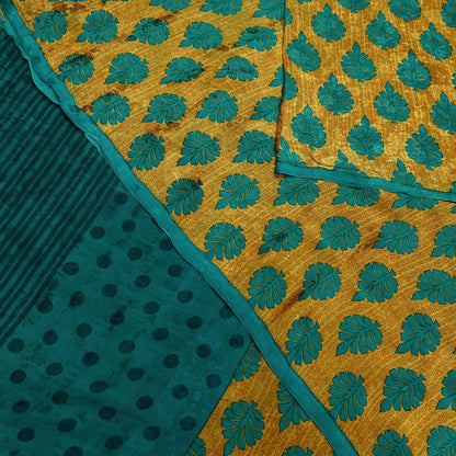 Indian Vintage Sari Green & Saffron Pure Crepe Silk Printed Sarees 5yd Sewing Floral Soft Craft Fabric Wrap Dress Making Crafting Quilting