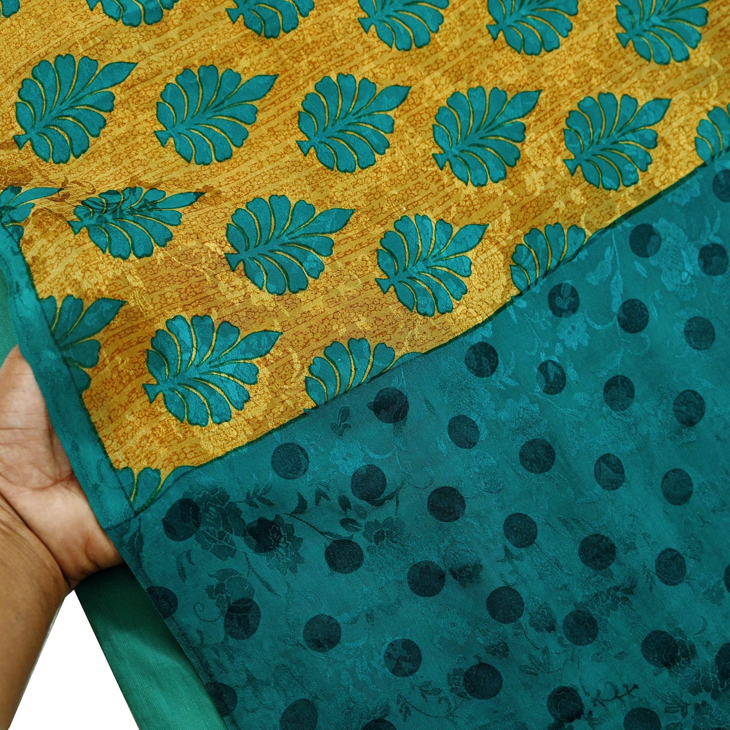 Indian Vintage Sari Green & Saffron Pure Crepe Silk Printed Sarees 5yd Sewing Floral Soft Craft Fabric Wrap Dress Making Crafting Quilting