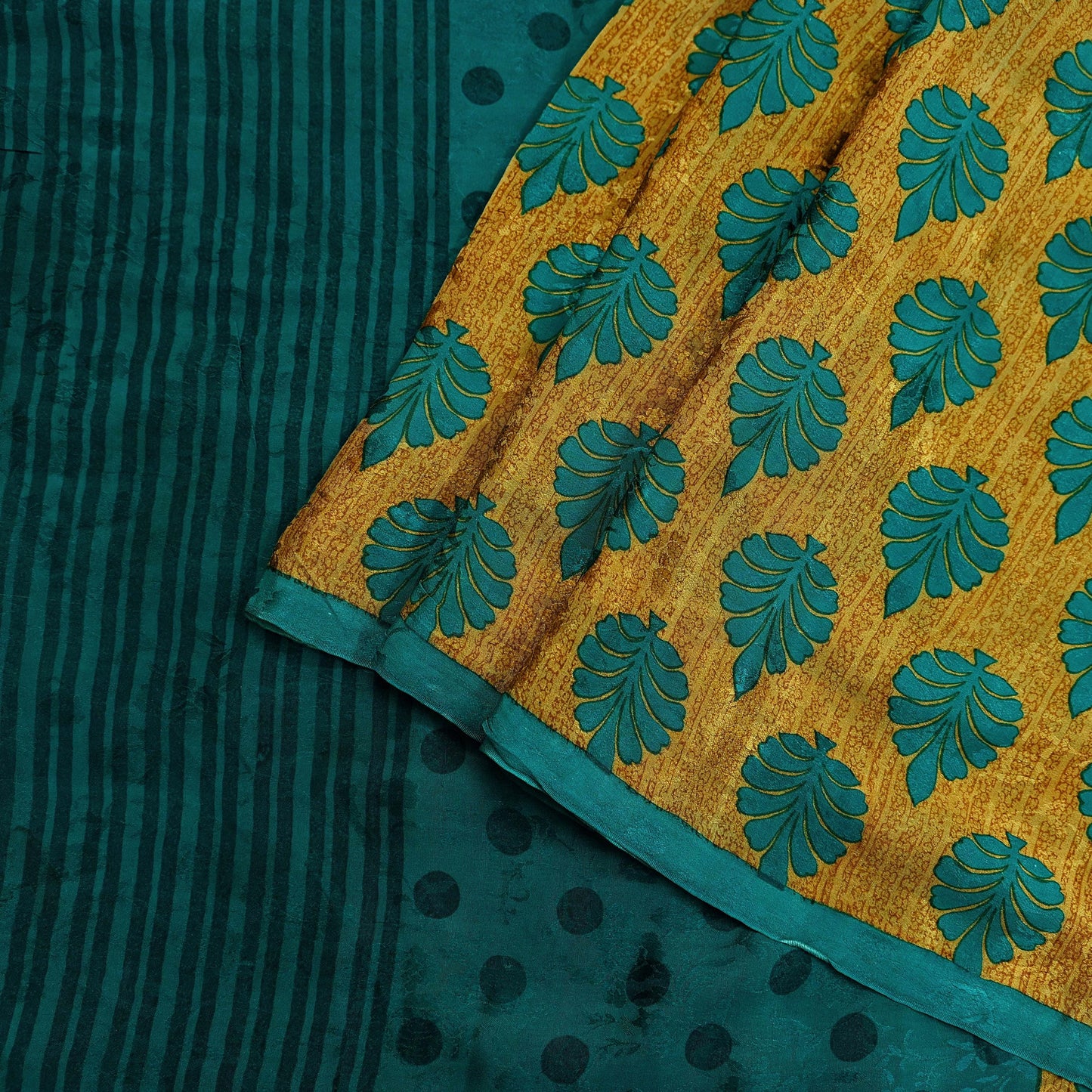 Indian Vintage Sari Green & Saffron Pure Crepe Silk Printed Sarees 5yd Sewing Floral Soft Craft Fabric Wrap Dress Making Crafting Quilting