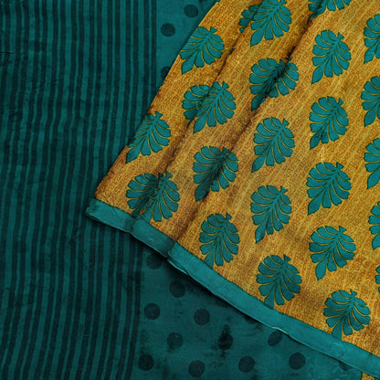 Indian Vintage Sari Green & Saffron Pure Crepe Silk Printed Sarees 5yd Sewing Floral Soft Craft Fabric Wrap Dress Making Crafting Quilting