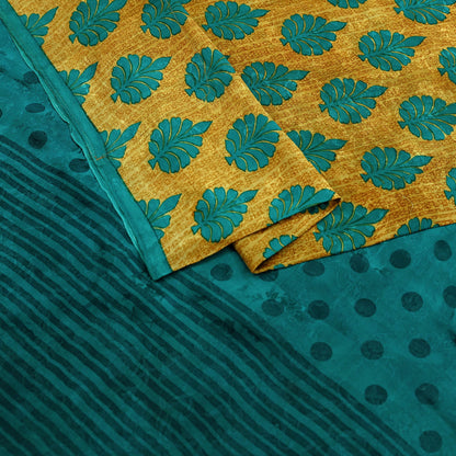 Indian Vintage Sari Green & Saffron Pure Crepe Silk Printed Sarees 5yd Sewing Floral Soft Craft Fabric Wrap Dress Making Crafting Quilting