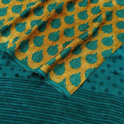 Indian Vintage Sari Green & Saffron Pure Crepe Silk Printed Sarees 5yd Sewing Floral Soft Craft Fabric Wrap Dress Making Crafting Quilting