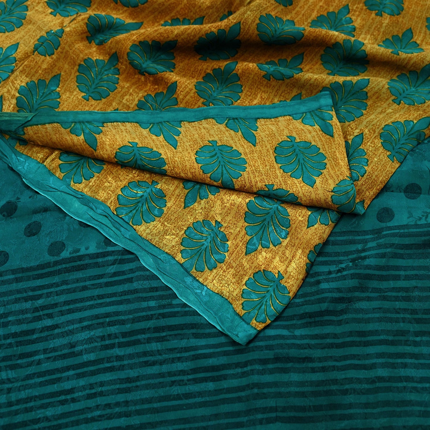 Indian Vintage Sari Green & Saffron Pure Crepe Silk Printed Sarees 5yd Sewing Floral Soft Craft Fabric Wrap Dress Making Crafting Quilting