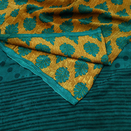 Indian Vintage Sari Green & Saffron Pure Crepe Silk Printed Sarees 5yd Sewing Floral Soft Craft Fabric Wrap Dress Making Crafting Quilting
