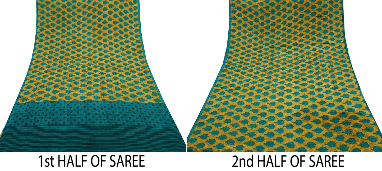 Indian Vintage Sari Green & Saffron Pure Crepe Silk Printed Sarees 5yd Sewing Floral Soft Craft Fabric Wrap Dress Making Crafting Quilting