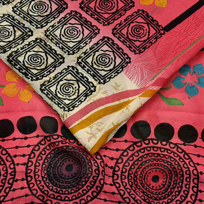 Indian Vintage Sari Ivory & Pink Pure Georgette Silk Printed Saree Craft Fabric Sewing 5Yd Soft Light Dress Making Crafting Quilting Upcycle