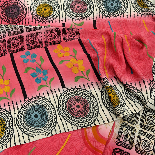 Indian Vintage Sari Ivory & Pink Pure Georgette Silk Printed Saree Craft Fabric Sewing 5Yd Soft Light Dress Making Crafting Quilting Upcycle
