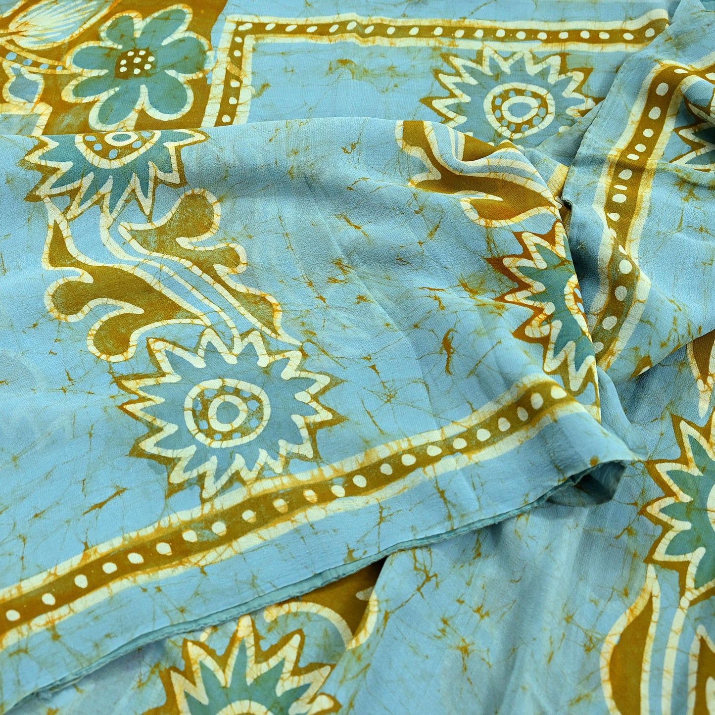 Indian Women Vintage Blue & Green Saree Pure Georgette Silk Batik Printed Sari Sewing 5yard Soft Craft Floral Design Wrap Boho