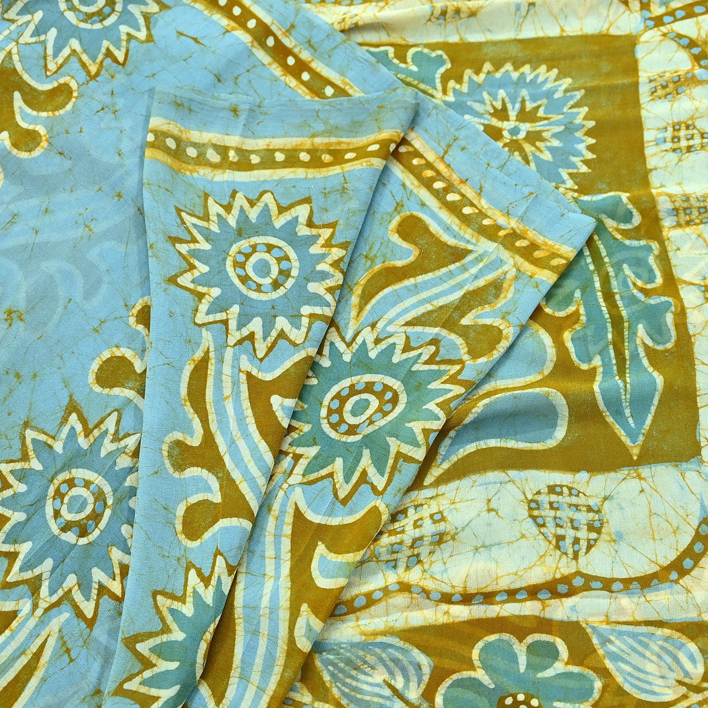 Indian Women Vintage Blue & Green Saree Pure Georgette Silk Batik Printed Sari Sewing 5yard Soft Craft Floral Design Wrap Boho