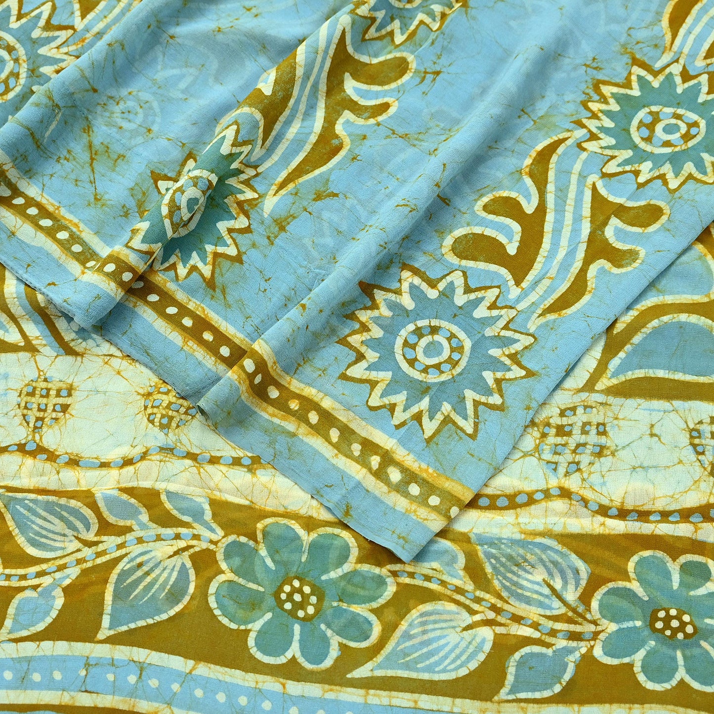 Indian Women Vintage Blue & Green Saree Pure Georgette Silk Batik Printed Sari Sewing 5yard Soft Craft Floral Design Wrap Boho