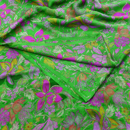Indian Vintage Sari Green Pure Silk Printed Sarees 6yd Sewing Craft Fabric Dress Making  Soft Floral Wrap Upcycle Used Quilting Crafting
