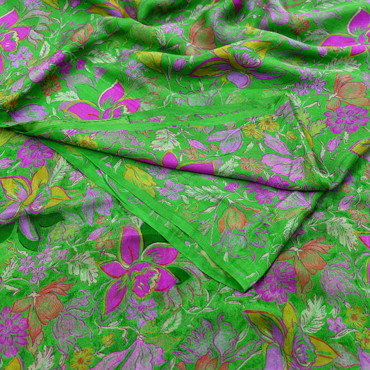 Indian Vintage Sari Green Pure Silk Printed Sarees 6yd Sewing Craft Fabric Dress Making  Soft Floral Wrap Upcycle Used Quilting Crafting