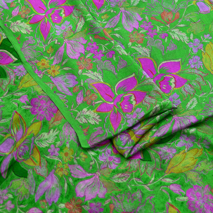 Indian Vintage Sari Green Pure Silk Printed Sarees 6yd Sewing Craft Fabric Dress Making  Soft Floral Wrap Upcycle Used Quilting Crafting